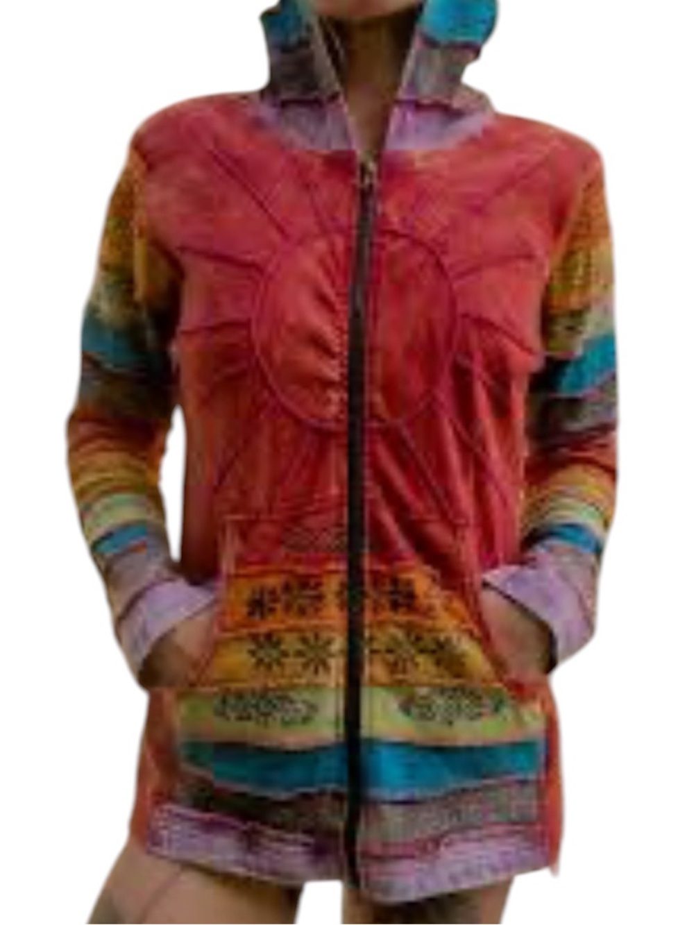 Greater Network multicolored patchwork bohemian full zip jacket.
